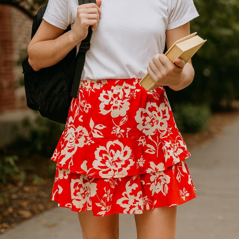 LOFT Red Floral Tiered Mini Skirt